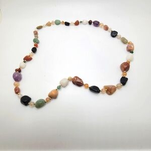 Vintage Multistone Beaded Necklace Polished Stone Pendant Screw Clasp